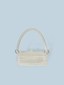 Elegant pearl beaded handbag with gold metal rings and top handle for evening parties