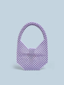 Handmade light purple acrylic beaded tote bag with a minimalist round vintage handle design