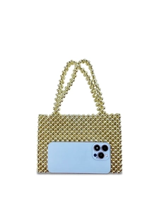 Golden handmade beaded crossbody bag with a compact woven design for a summer look