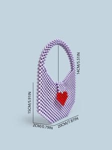 Lavender acrylic beaded handbag with red heart pattern and dimensions shown
