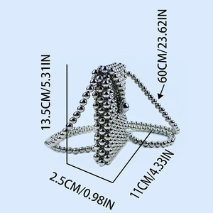 Detailed size specifications for silver beaded mini crossbody bag with 60cm shoulder strap