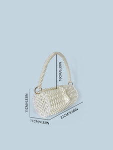 Handmade pearl beaded cylinder evening bag with top handle for women, 22cm length