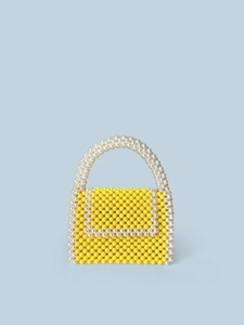 Yellow Handmade Beaded Handbag For Women Vintage Acrylic Artificial Pearl Woven Square Box Tote For Summer Party Sweet Style