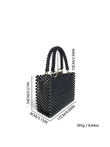 Detailed size chart of handmade black beaded handbag with height and width dimensions