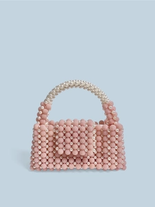 Handmade Pink Beaded Top Handle Bag For Women Faux Artificial Pearl Decor Elegant Sweet Style Handbag Wedding Party Box Clutch Purse