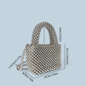 Silver beaded handbag dimensions showing 18cm width and 110cm long detachable shoulder strap