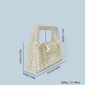 Detailed dimensions of a handmade white pearl beaded handbag with 25cm length