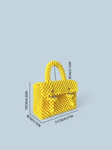 Sac à main perlé jaune fait main avec détails argentés et dimensions indiquées