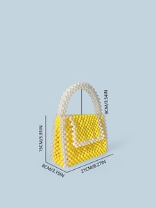 Handmade yellow beaded box handbag with white pearl trim and dimensions overview