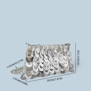 Detail view of silver sequin chain bag with dimensions showing length 20cm and height 12cm