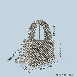 Detailed size specifications for a handmade silver beaded pearl evening bag with chain