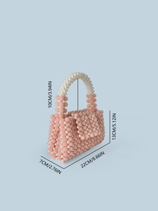 Pink handmade beaded handbag with white pearl handle and detailed size measurements