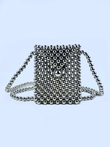 Silver Beaded Mini Crossbody Bag Handmade Electroplated Plastic Bead Shoulder Bag For Women Summer Fashion Accessory