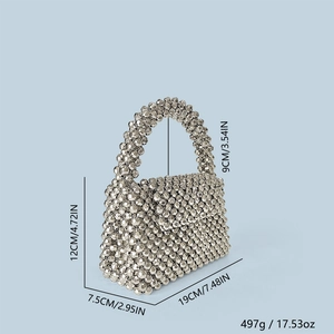 Pochette enveloppe argentée avec perles et dimensions détaillées: 19x12x7,5cm