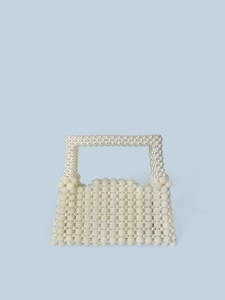 Handmade woven pearl handbag with square handle and minimalist white beaded box design