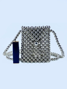 Handmade silver beaded mini crossbody bag for women with metallic texture and long strap