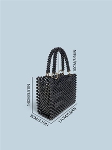 Handmade black beaded tote bag with dimensions: 17x14x8 cm and handle height 10 cm