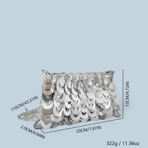 Silver sequin handbag with metal chain showing precise size 20x12x2.5cm and 322g weight