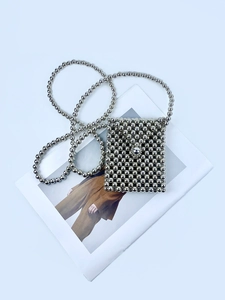 Silver beaded mini crossbody bag for women with metallic weave and fashion chain strap