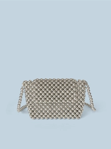 Silver Beaded Crossbody Bag For Women Handcrafted Metallic Luster Small Square Flap Handbag Retro Elegant Evening Purse