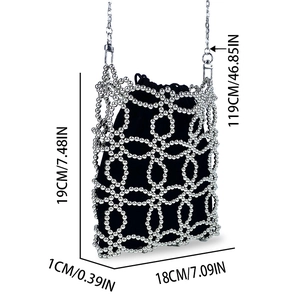 Detailed size chart for handmade beaded crossbody bag with silver hollow woven pattern