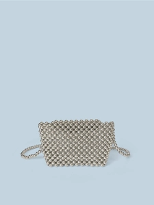Handcrafted silver beaded crossbody bag with metallic beads and chain strap in rectangular shape