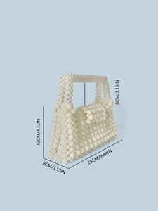 Handmade woven pearl handbag with dimensions and size specifications on blue background