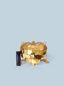 Golden heart-shaped sequin crossbody bag with chain strap and lipstick for size reference