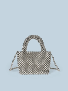 Women's Silver Beaded Handmade Bag Metallic Woven Top Handle Crossbody Purse With Shoulder Strap For Party Evening