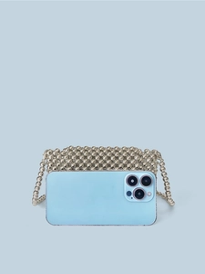 Silver beaded crossbody mini bag handcrafted with metallic beads and long shoulder strap