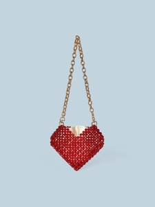Sac Bandoulière Cœur Tissé Main Perlé Rouge Perles Acryliques Avec Chaîne Dorée Doublure en Satin Pour Femmes Cadeau Fête