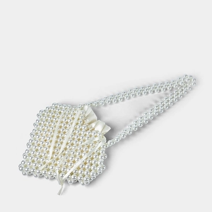 Detail of white faux pearl woven handbag with a satin drawstring lining and strap