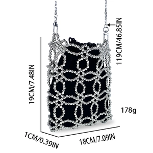 Detailed dimensions of silver beaded handbag with chain strap and black inner pouch