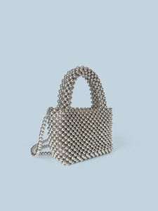 Handmade silver beaded handbag with metallic beads and detachable shoulder strap for women