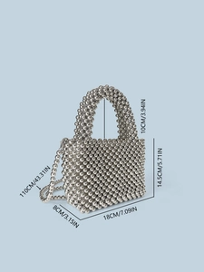 Silver metallic beaded handbag with top handle and detachable chain strap for women