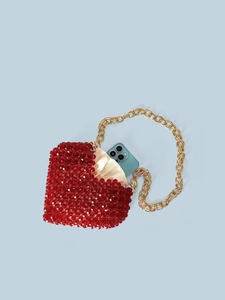 Sac à perles rouge fait main en forme de cœur avec chaîne dorée et doublure satin