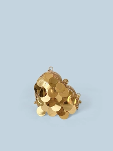 Detailed view of heart-shaped gold sequin evening bag with kiss-lock and metal chain