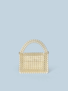 Handmade woven pearl evening bag with white beads and crystal accents on light blue back