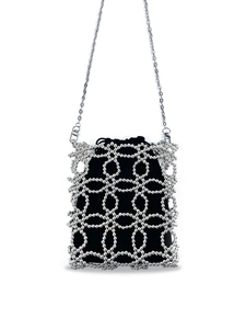 Silver Beaded Crossbody Bag Woven Hollow Geometric Handbag With Drawstring Pouch And Chain Strap For Women Fashion