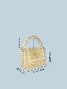 Handmade woven pearl beaded handbag with hollow mesh design and top handle