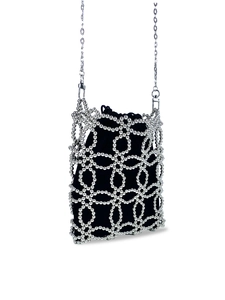 Silver beaded mini crossbody bag with black drawstring pouch and metal chain strap