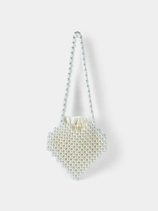 Women Elegant Heart Shaped Handmade Artificial Pearl Beaded Handbag Off White Satin Drawstring Shoulder Bag For Wedding Party Gift