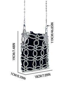Silver beaded handmade crossbody bag with black drawstring inner bag and dimensions
