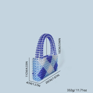 Detaillierte Maße der blau-weißen geometrischen Perlenhandtasche mit 20 cm Länge und 11 cm Höhe