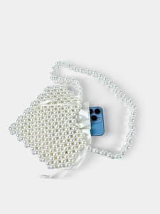 Handmade pearl beaded handbag with drawstring satin lining and long crossbody strap