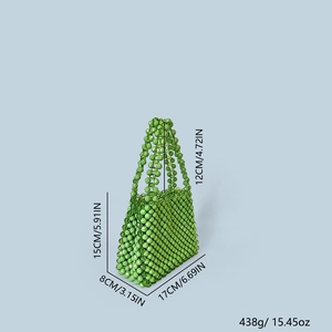 Detailed size specifications for a handmade green woven beaded handbag with dimensions