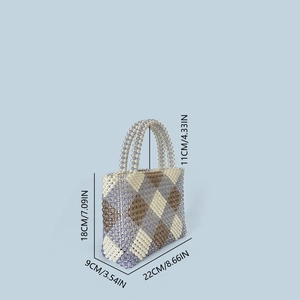 Handmade beaded bag dimensions showing height 18cm and length 22cm with argyle pattern