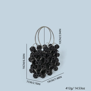 Detailed size specifications for black beaded handbag with silver metal ring handles