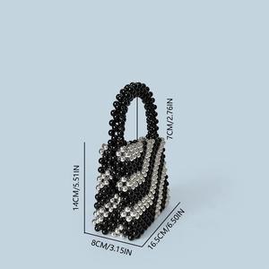 Detail view of handmade beaded bucket bag showing exact dimensions and weave texture