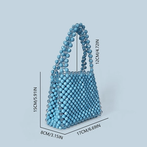 Detailed size specifications for the handmade light blue beaded woven handbag